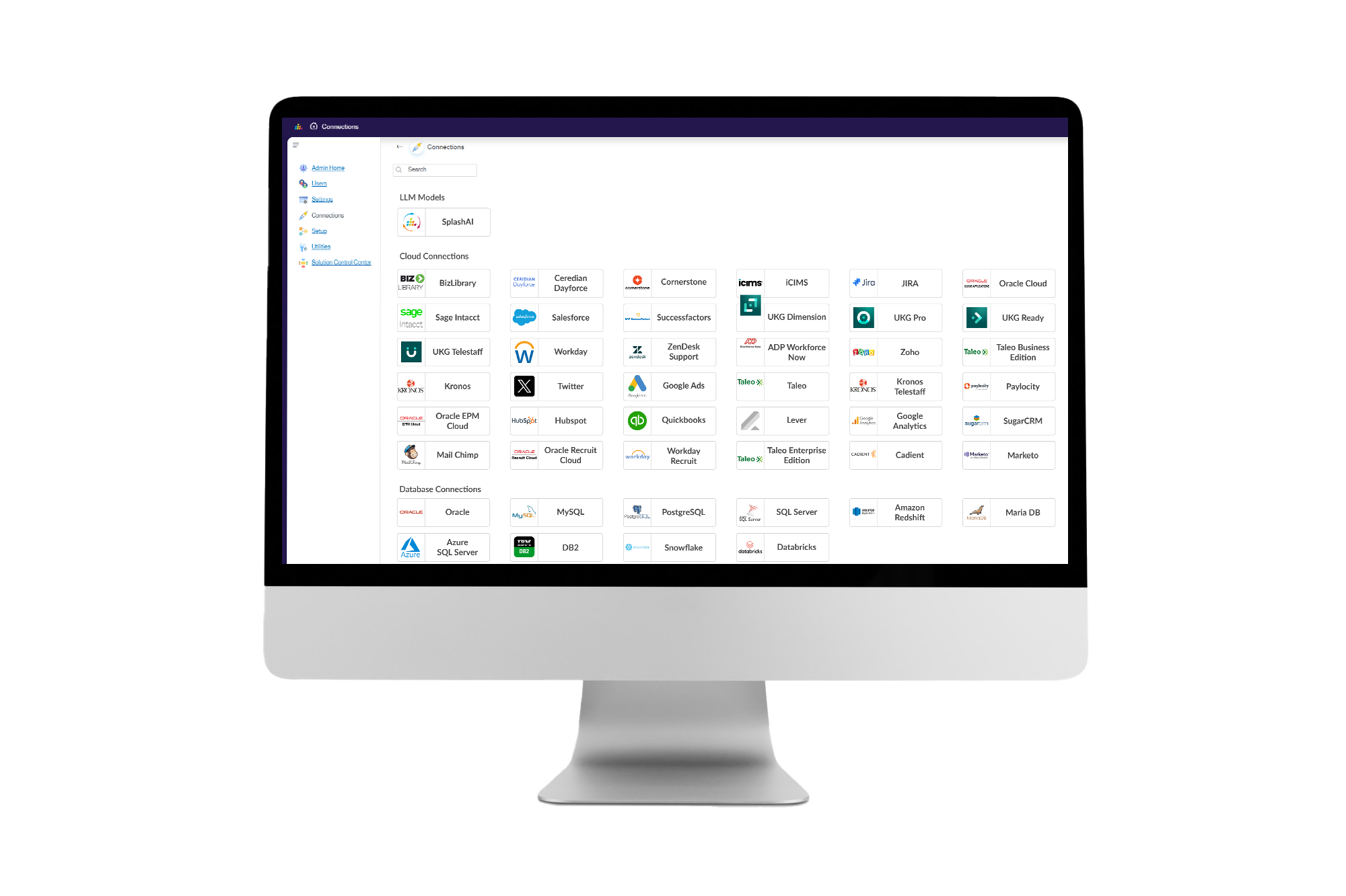 SplashBI Connections dashboard showing integrations across cloud, database, and LLM sources including Oracle, Salesforce, Workday, HubSpot, MySQL, Snowflake, and more