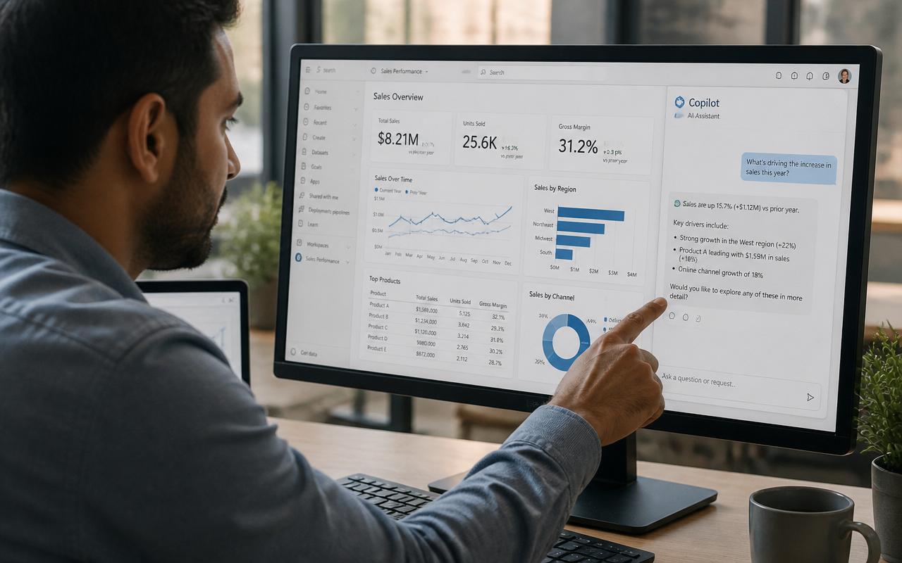 Business analyst working with an AI copilot alongside enterprise dashboards