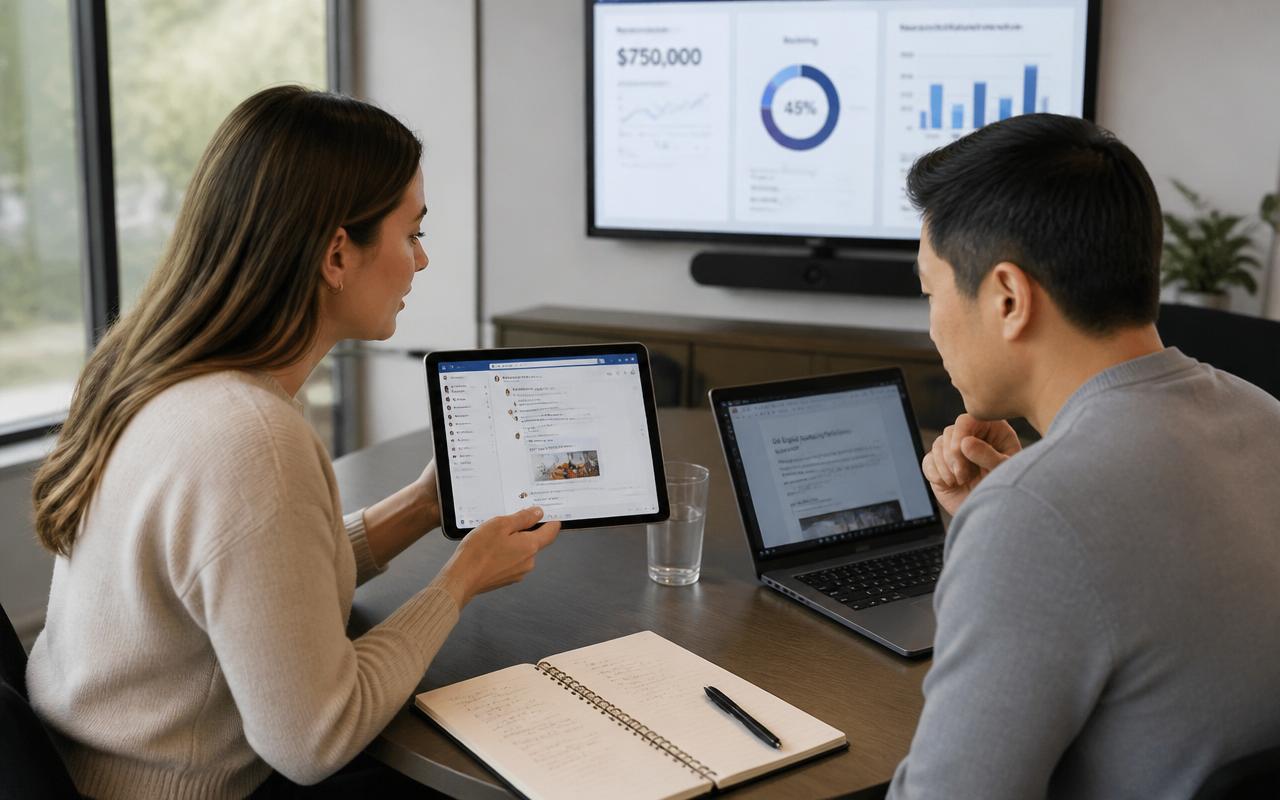 Professional working across collaboration and dashboard tools in a modern office