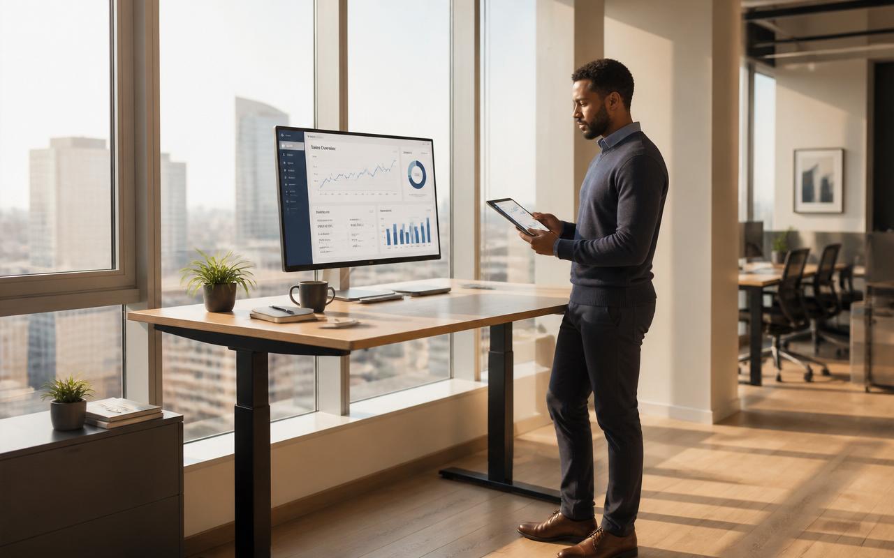 Enterprise user exploring self-service analytics on a laptop