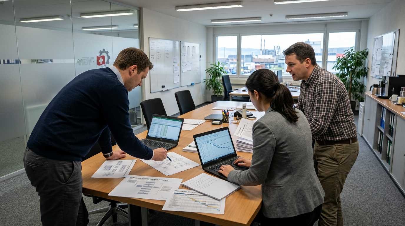 IT team reviewing Oracle Discoverer migration plans at a Swiss manufacturing office.