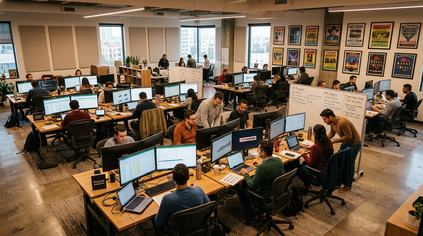 Live Nation finance and analytics team working in an open-plan entertainment office.