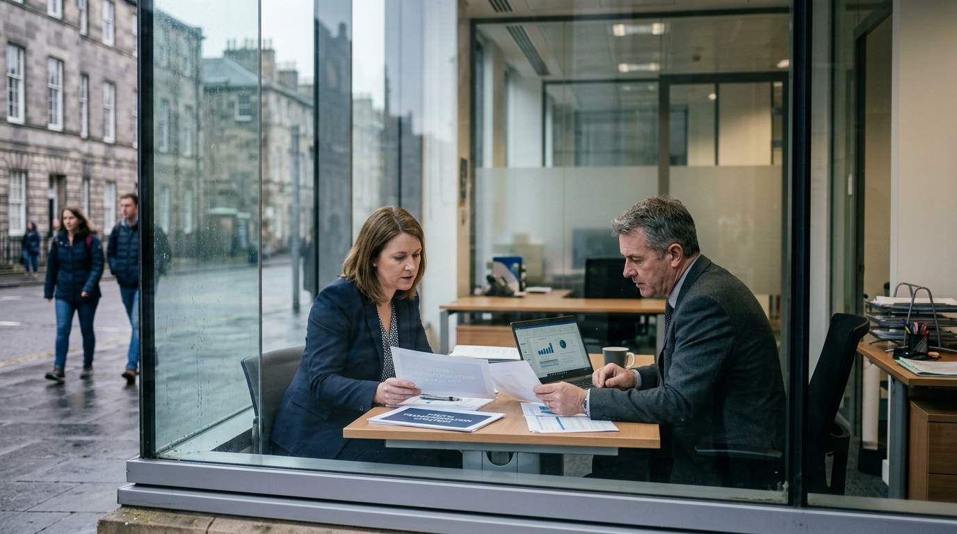 Two Scottish public sector professionals reviewing digital transformation documents in an Edinburgh office.