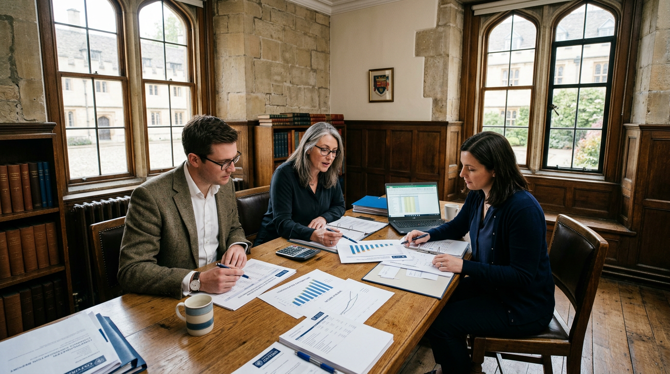 University finance team reviewing consolidation reports in a classic Oxford administrative building.