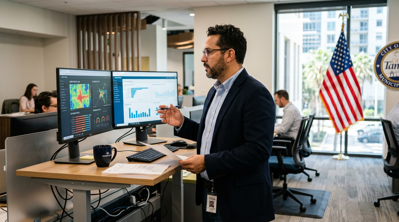 City Government IT director reviewing real-time analytics on dual monitors at a standing desk.