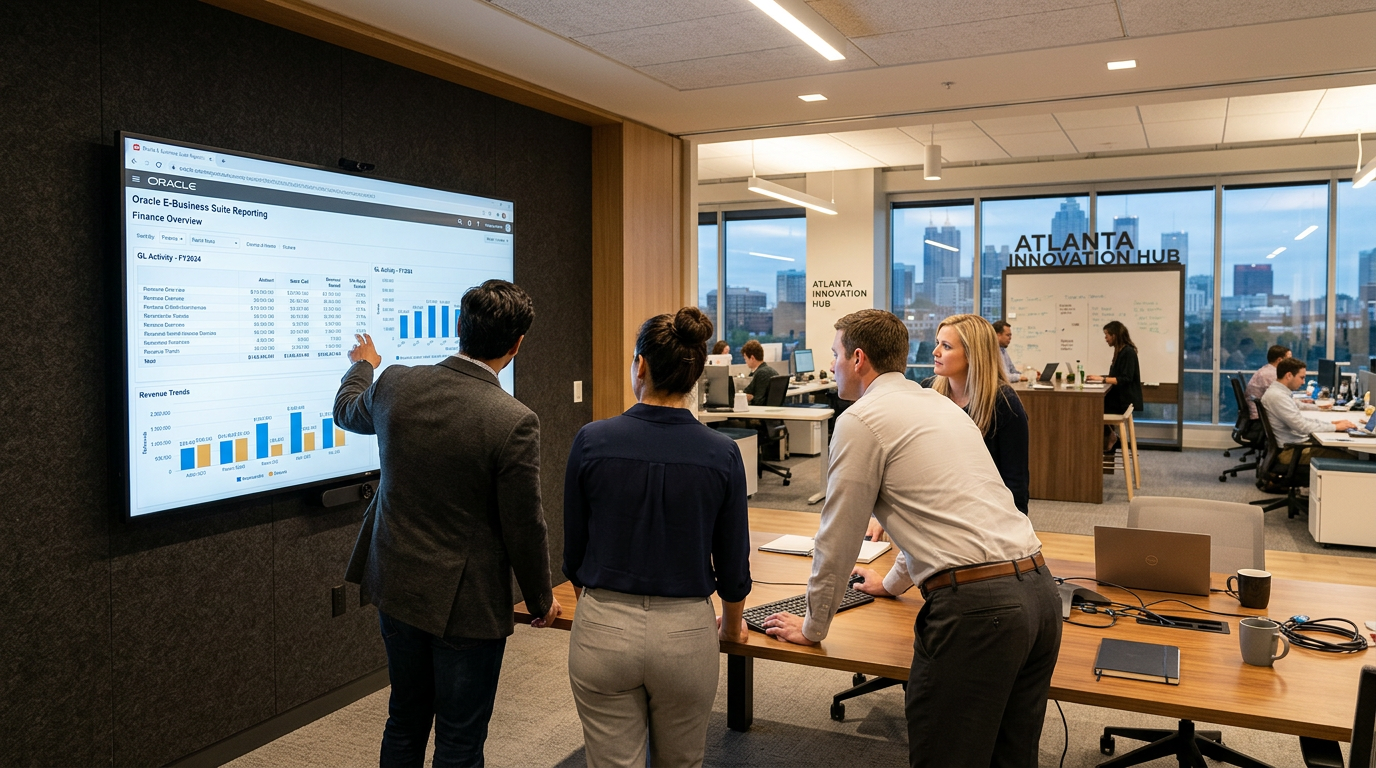 Corporate finance and IT team gathered around a large screen showing Oracle EBS dashboards in an Atlanta office.