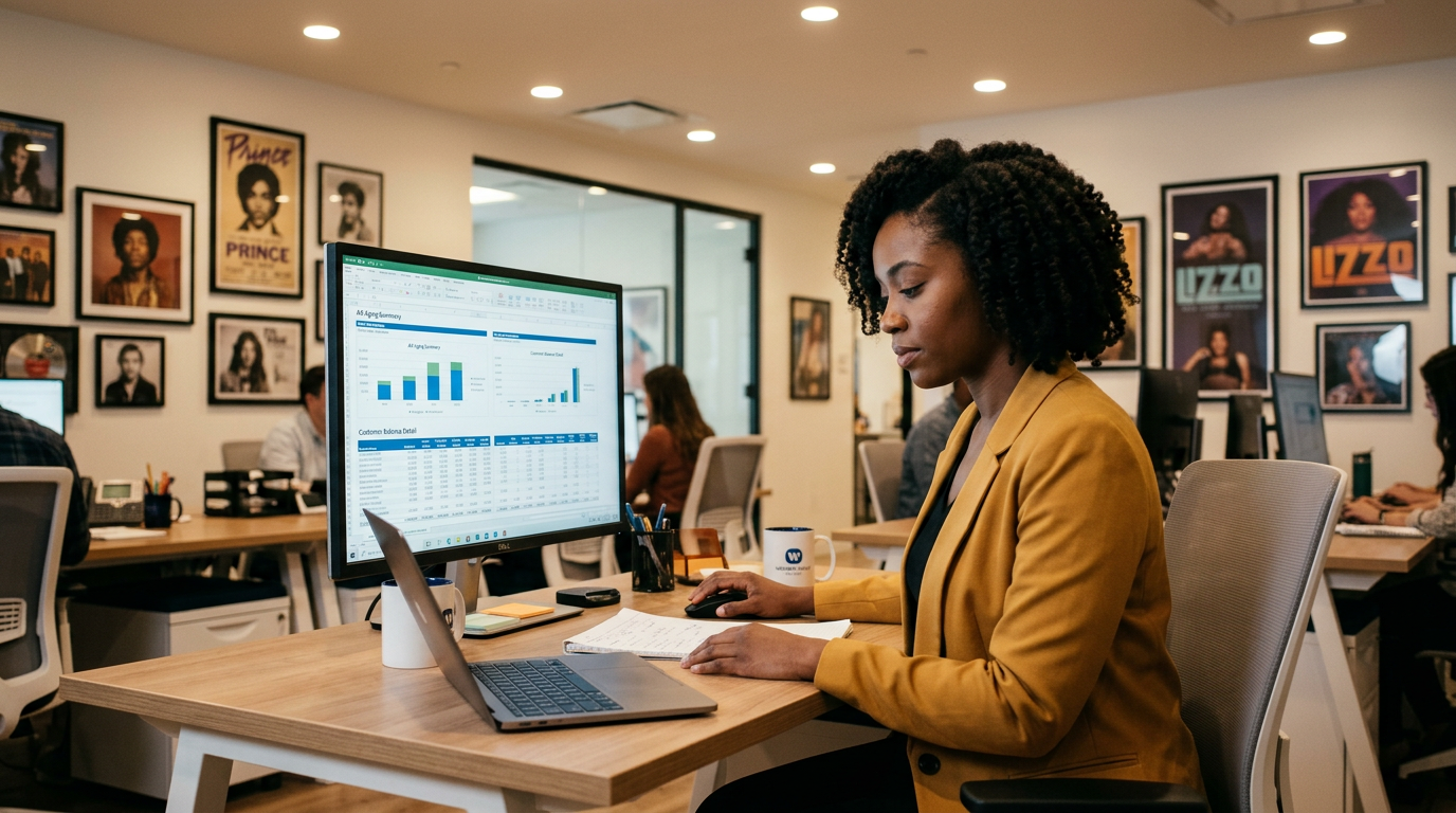 Warner Music Group finance analyst reviewing automated AR reports at a music industry office desk.