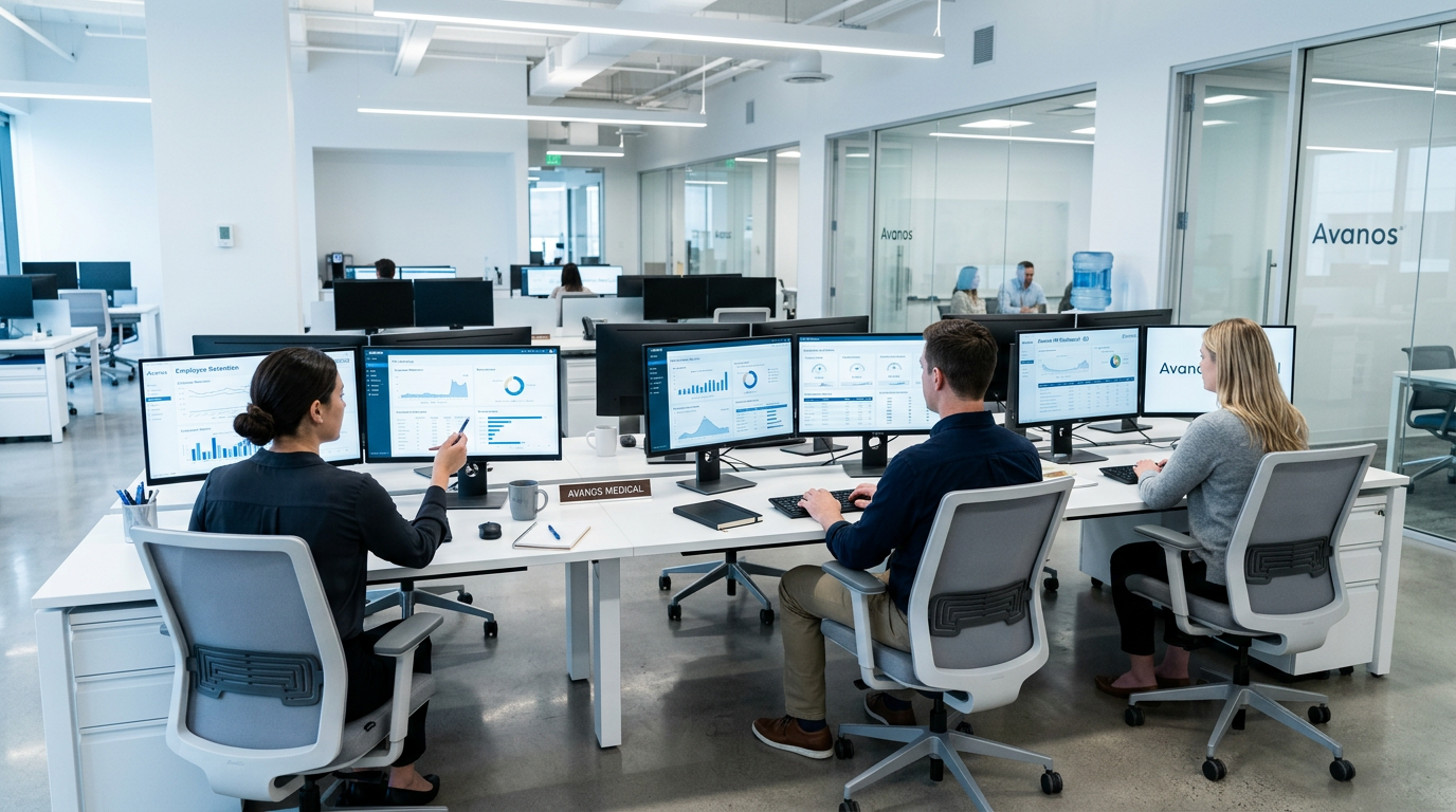 Avanos HR analytics team reviewing dashboards on dual monitors in a clean corporate office.
