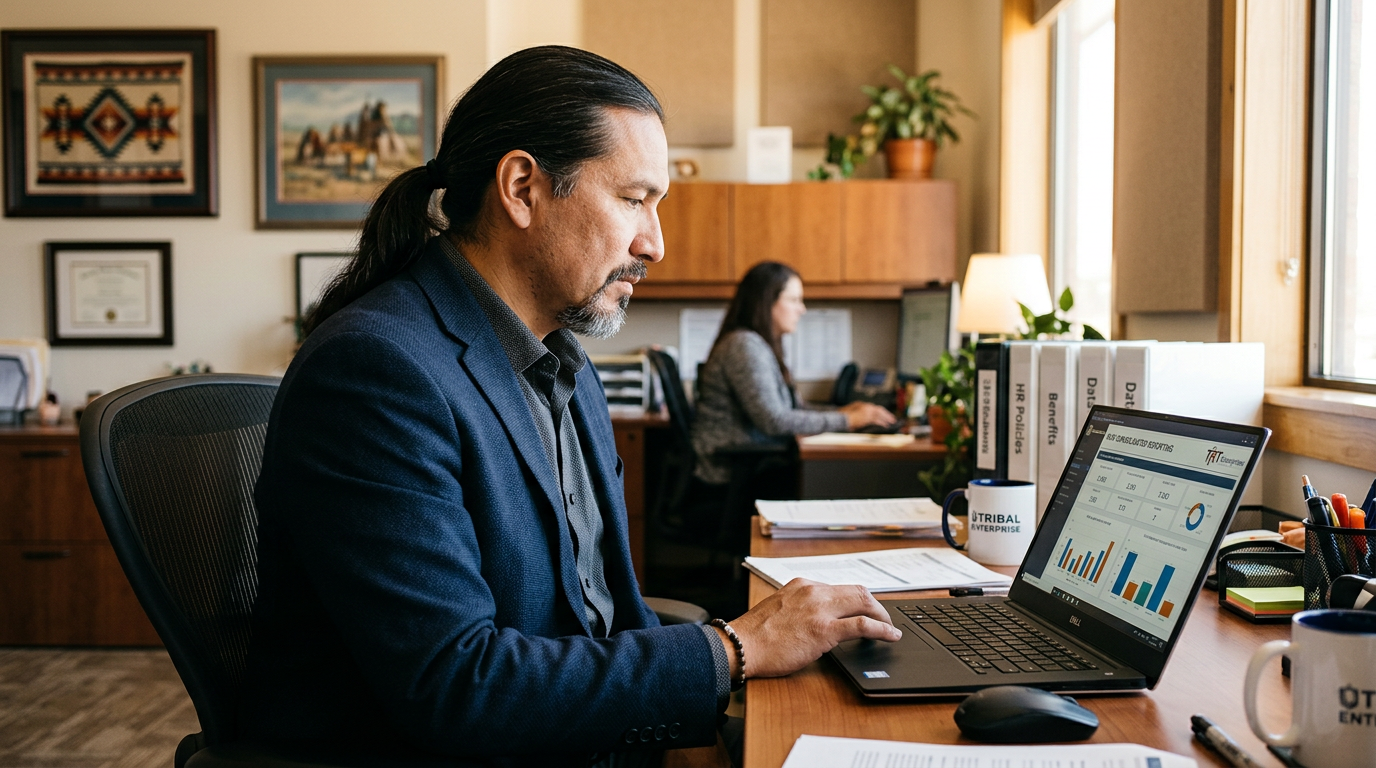 Tribal enterprise HR director reviewing consolidated HCM reporting data on a laptop.