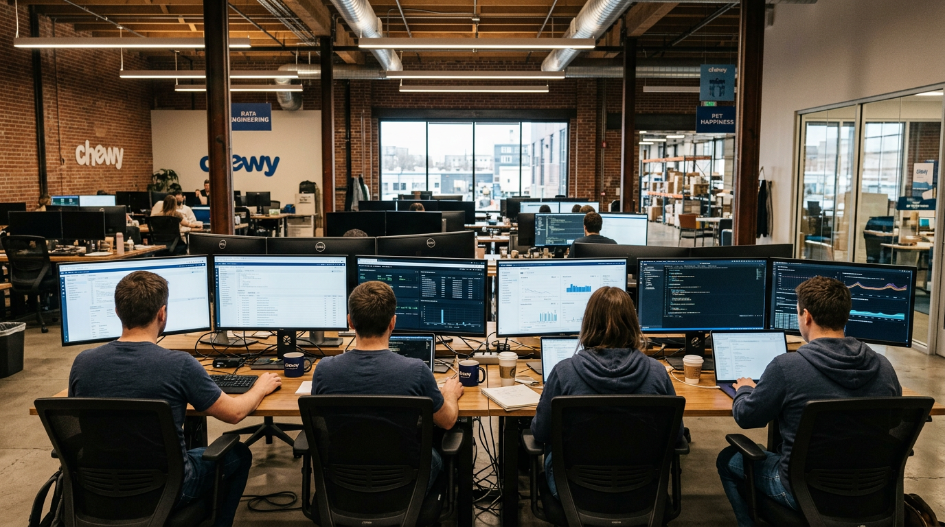 Chewy data engineering team at multi-monitor workstations reviewing SQL Connect pipeline dashboards.