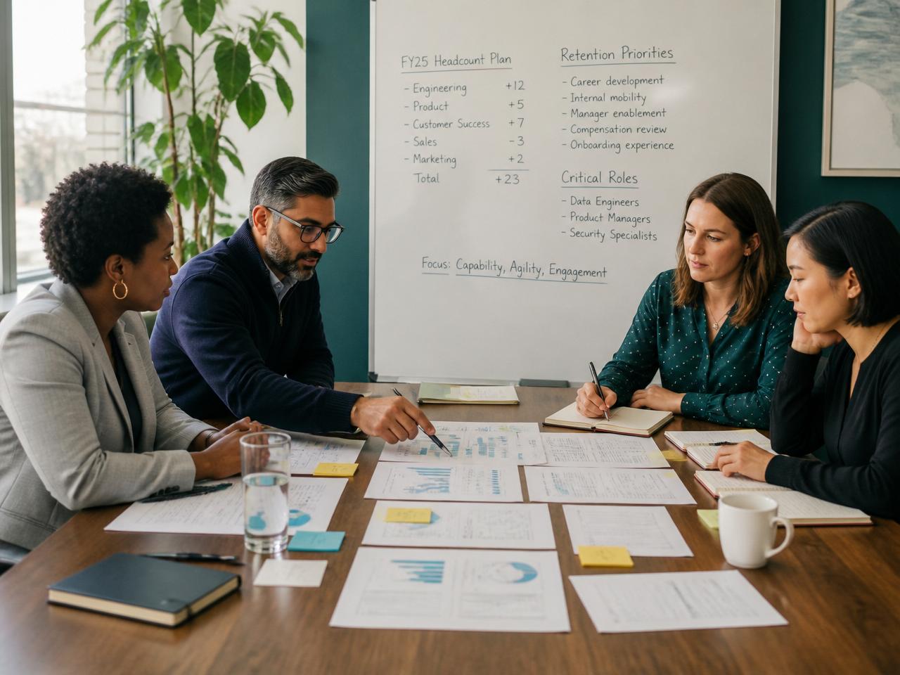 HR leaders reviewing workforce analytics dashboard with headcount, attrition, and retention metrics