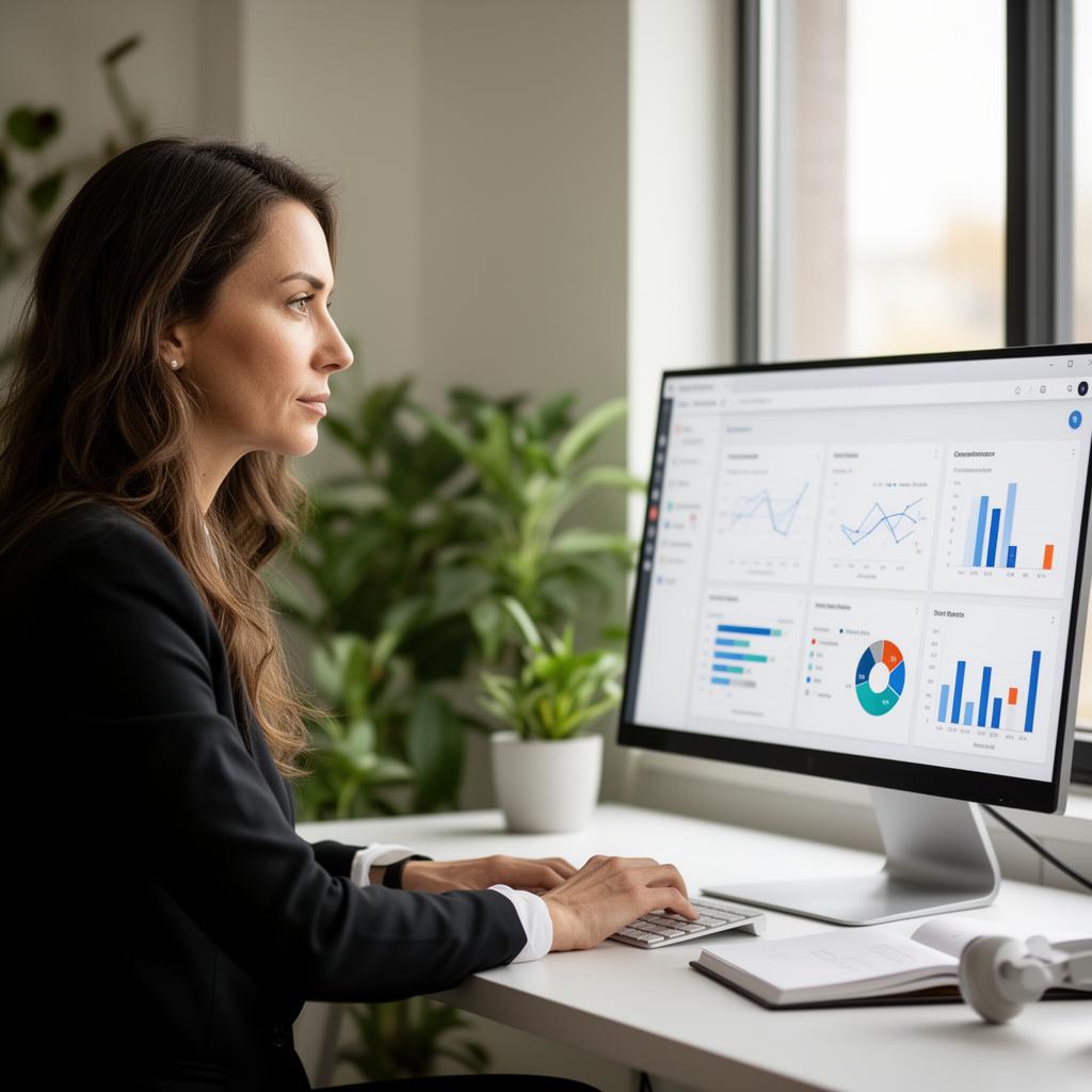 Business analyst reviewing an AI-assisted BI dashboard