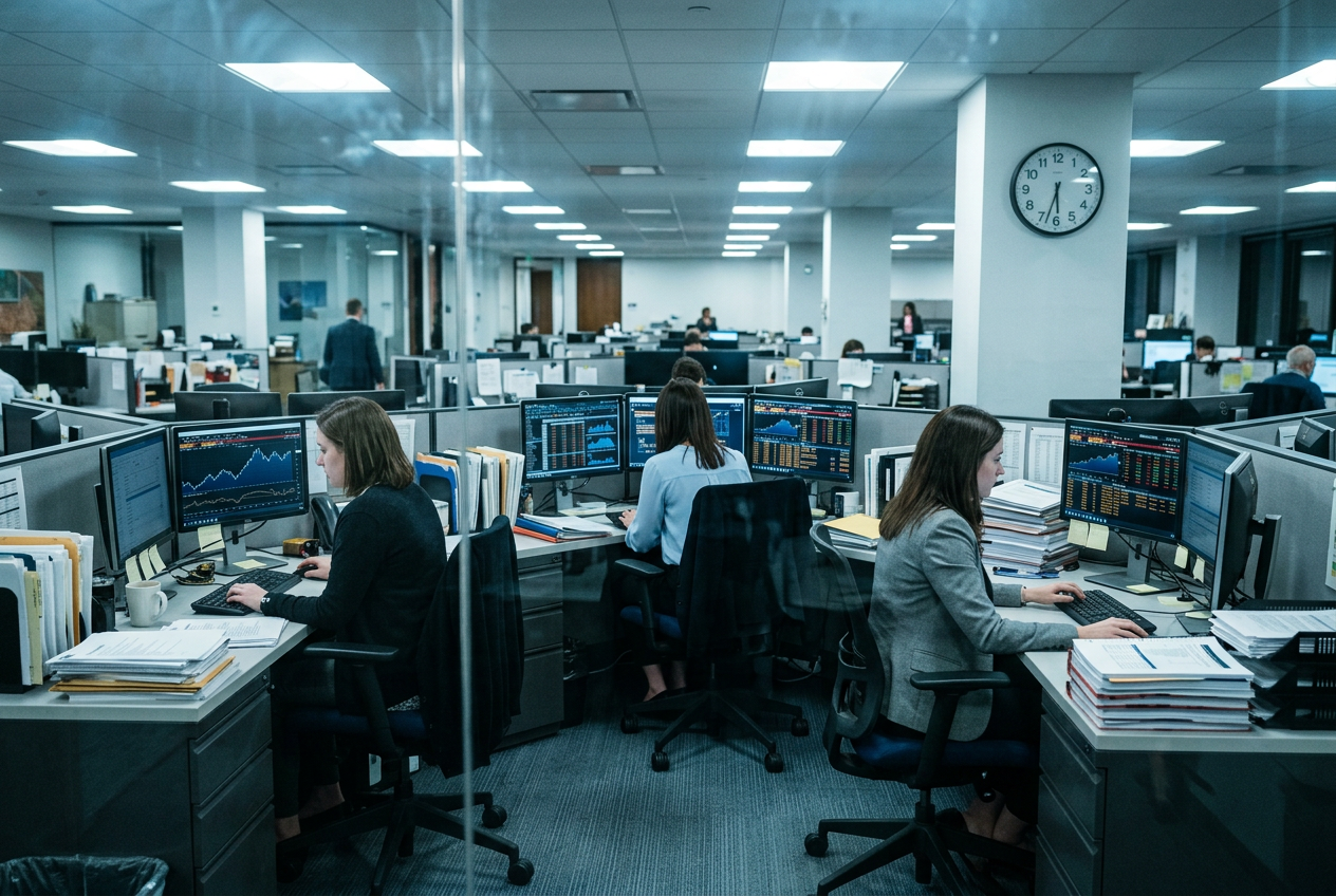 Three finance analysts working in isolation at separate workstations