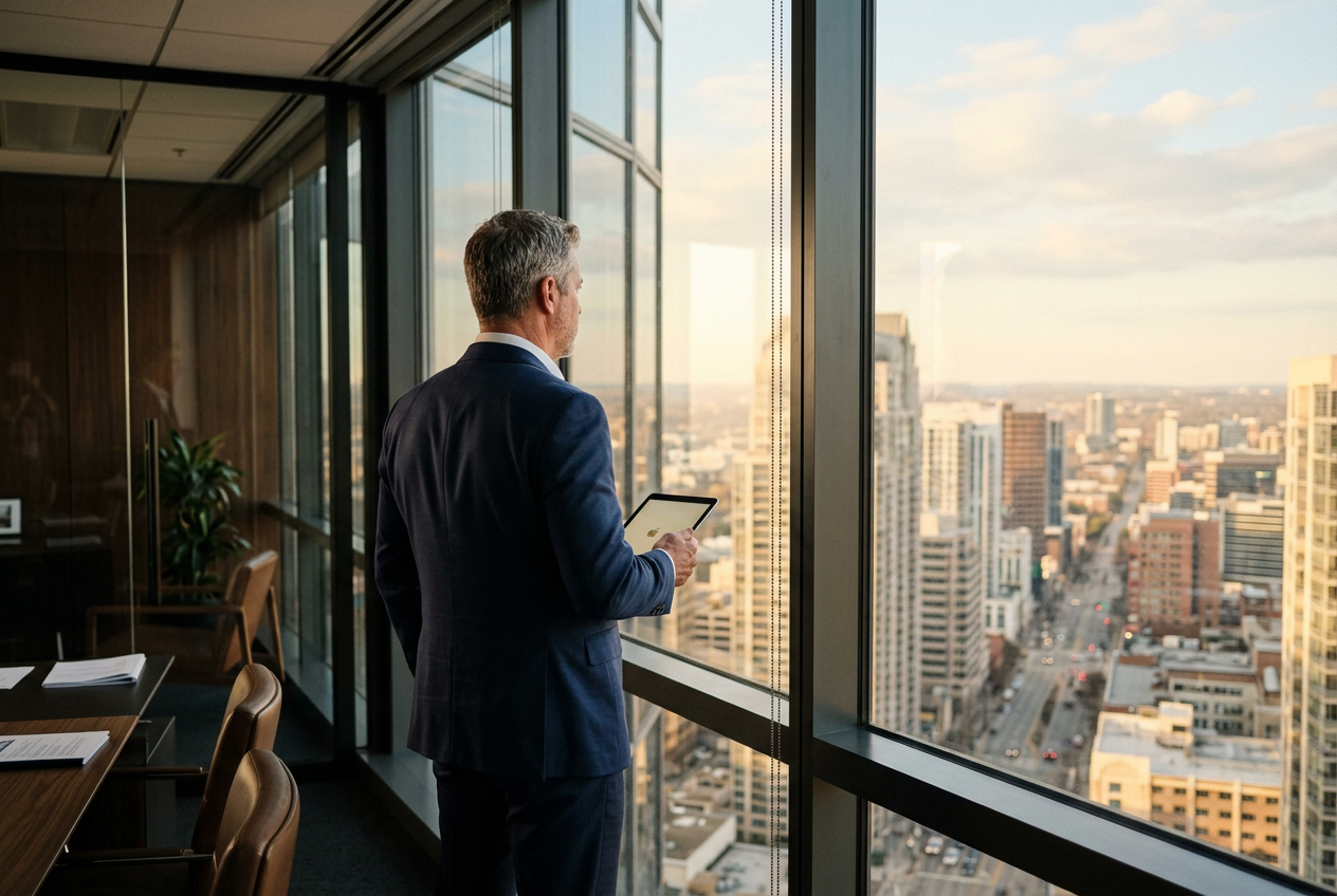 CFO reviewing financial performance dashboards in a modern office