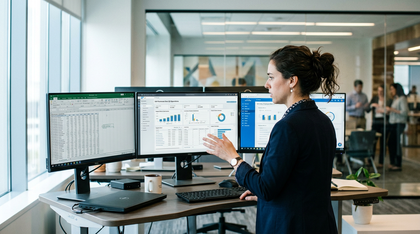 Operations analyst reviewing multiple disconnected system dashboards across several monitors