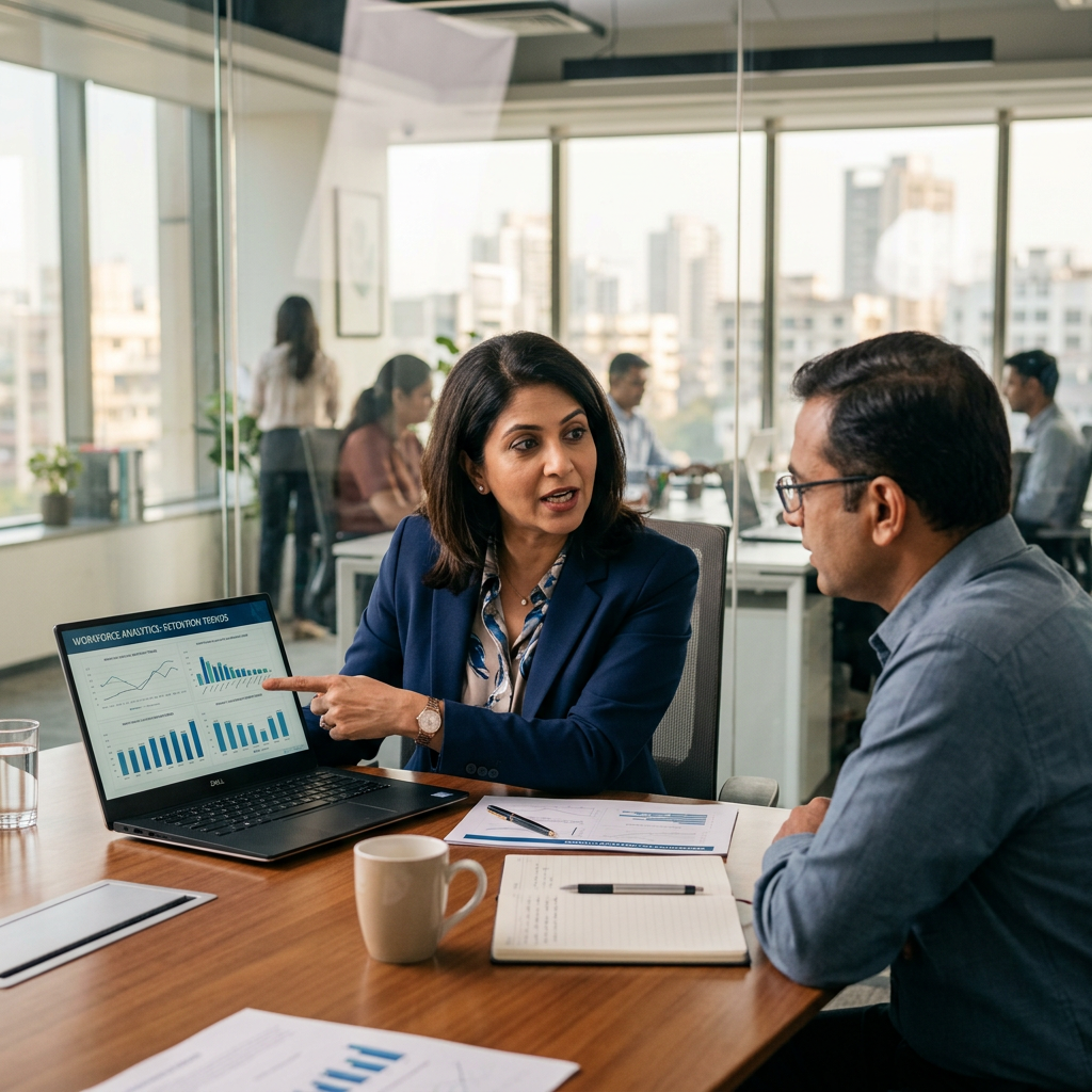 CHRO discussing workforce analytics with a colleague over a laptop